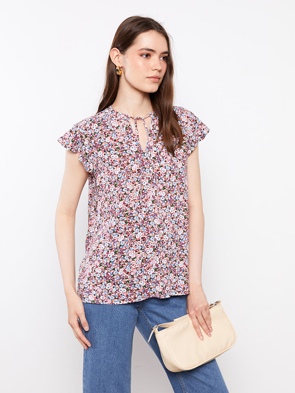 Tie Collar Patterned Short Sleeve Viscose Women's Blouse-2