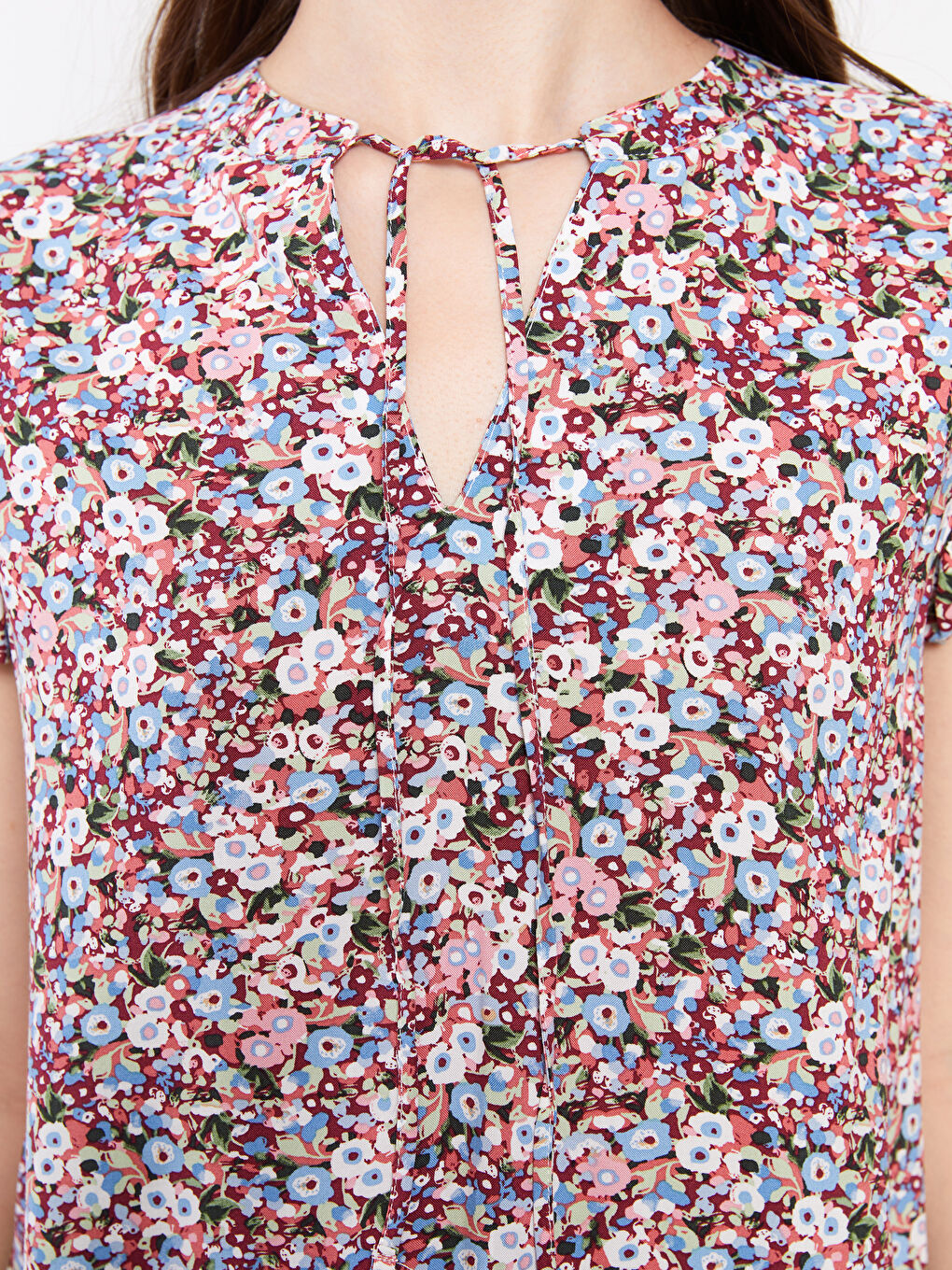 Tie Collar Patterned Short Sleeve Viscose Women's Blouse-3