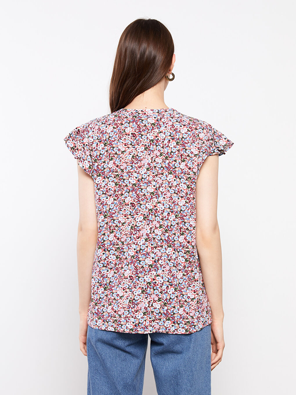 Tie Collar Patterned Short Sleeve Viscose Women's Blouse-4