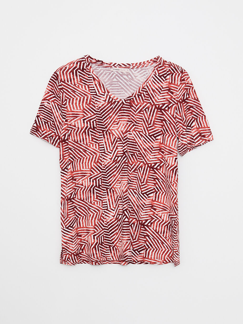 Ekru V Yaka Desenli Kısa Kollu Kadın Tişört-5