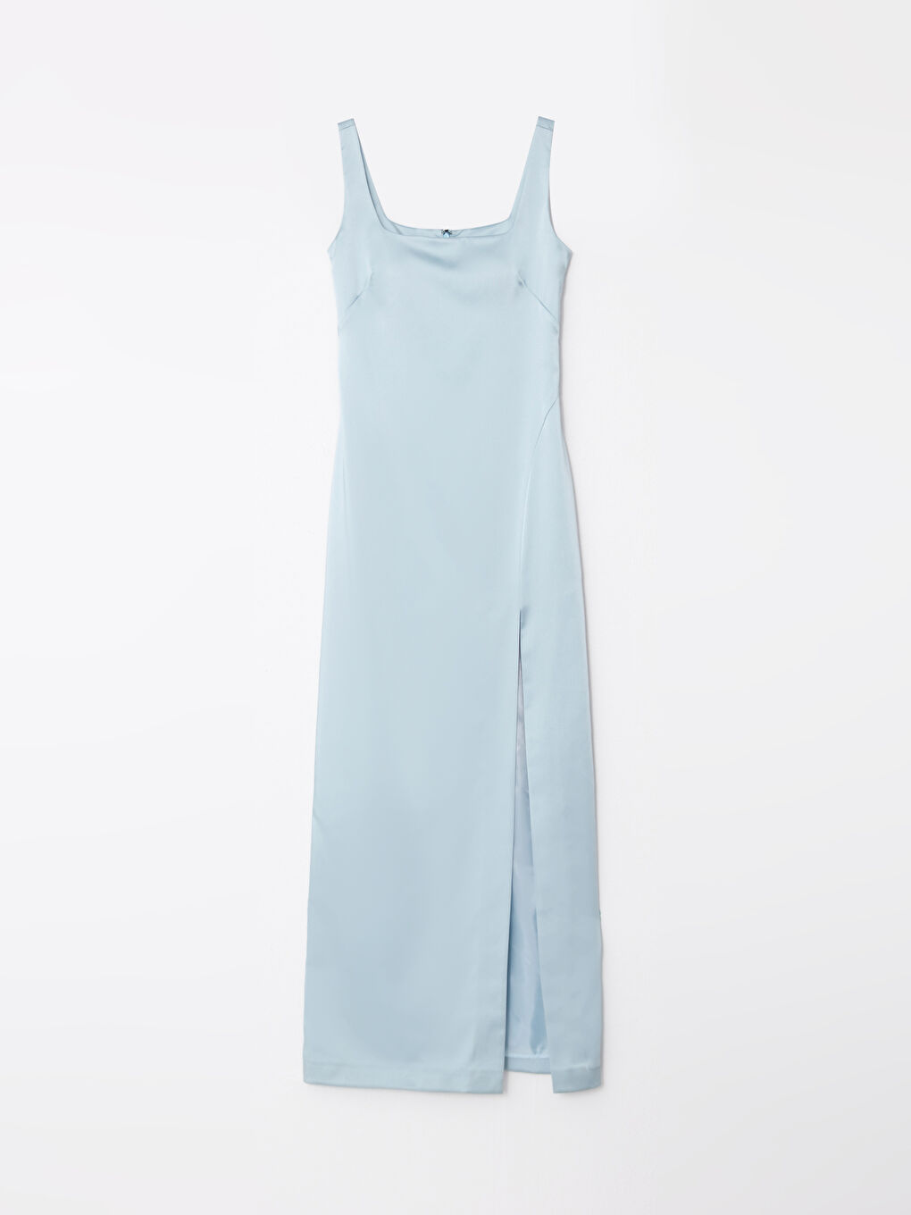 Mavi Kare Yaka Düz Saten Kadın Elbise-5