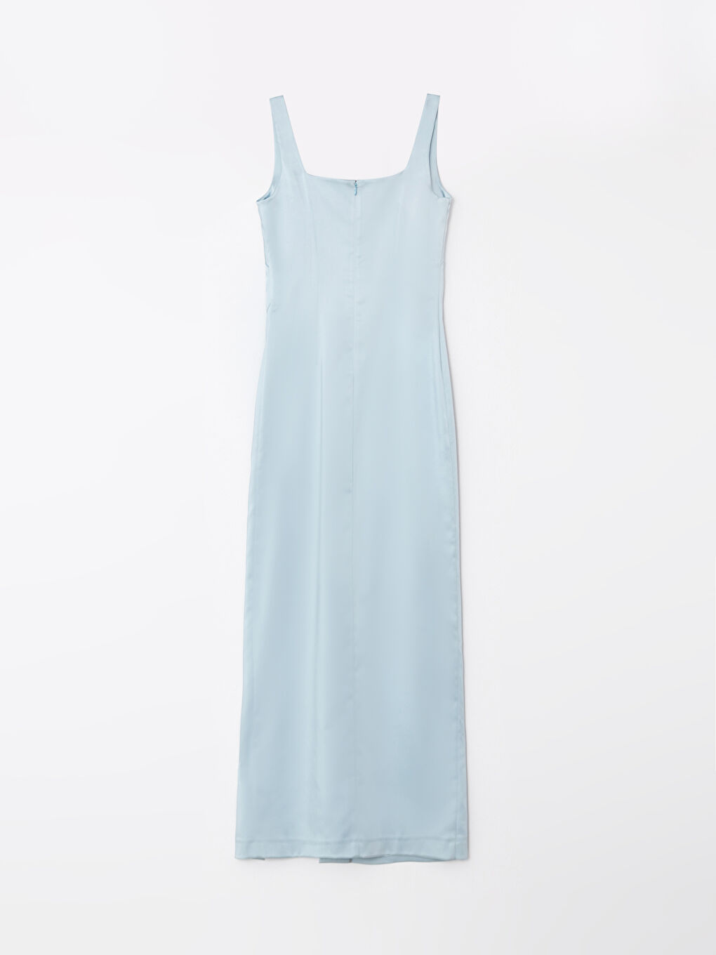 Mavi Kare Yaka Düz Saten Kadın Elbise-6