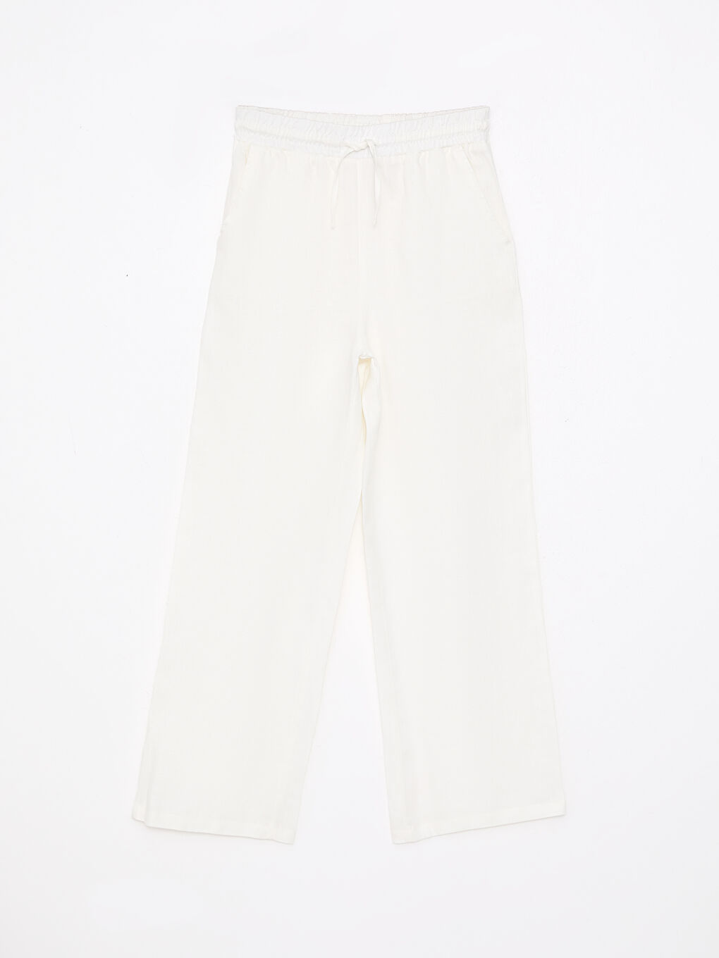 Beyaz Beli Lastikli %100 Keten Kadın Pantolon-5