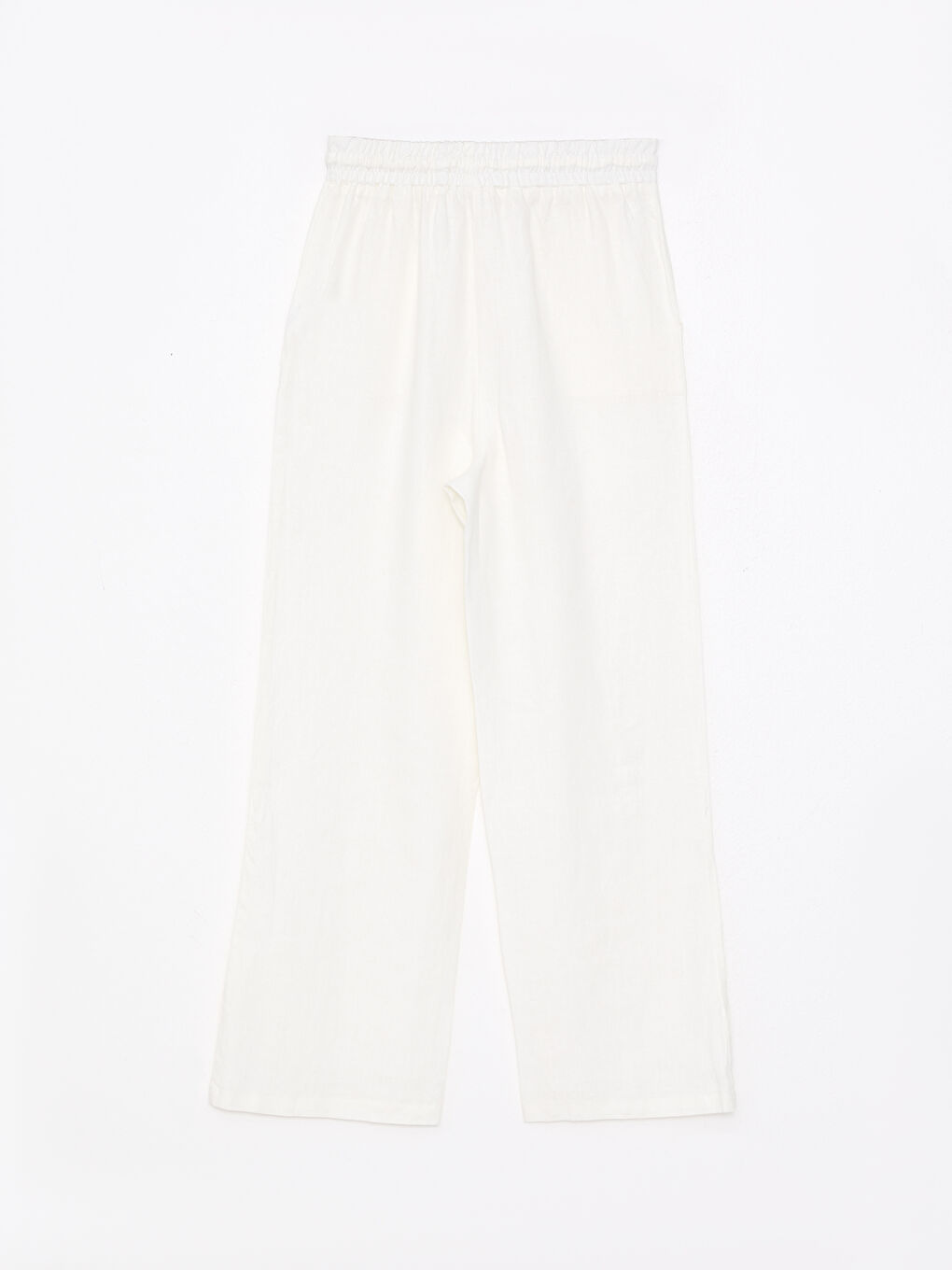 Beyaz Beli Lastikli %100 Keten Kadın Pantolon-6