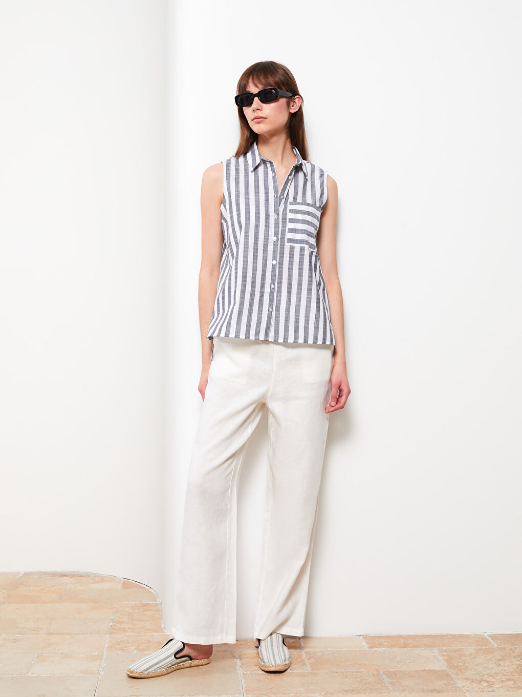 Beyaz Beli Lastikli %100 Keten Kadın Pantolon