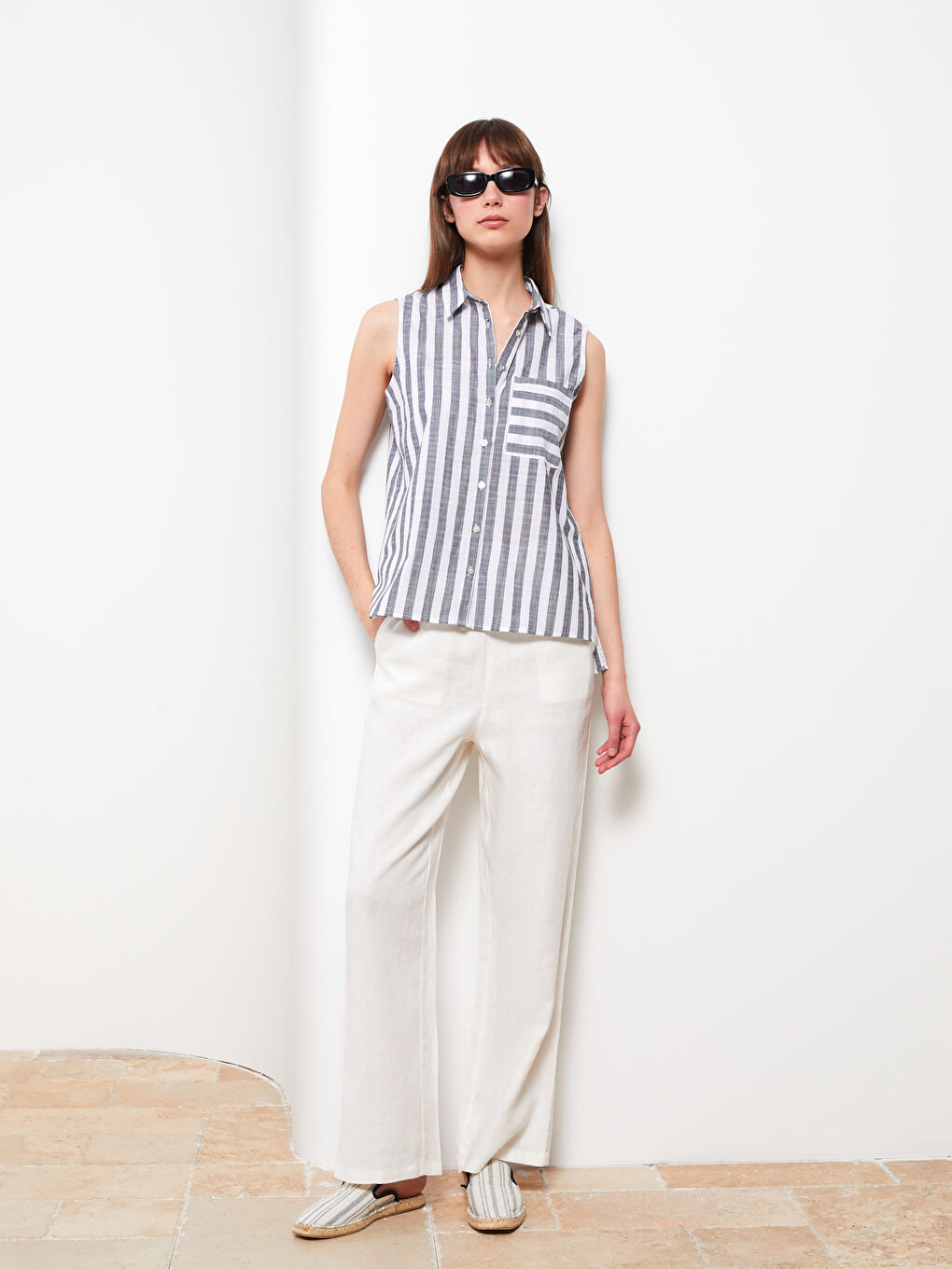 Beyaz Beli Lastikli %100 Keten Kadın Pantolon-1