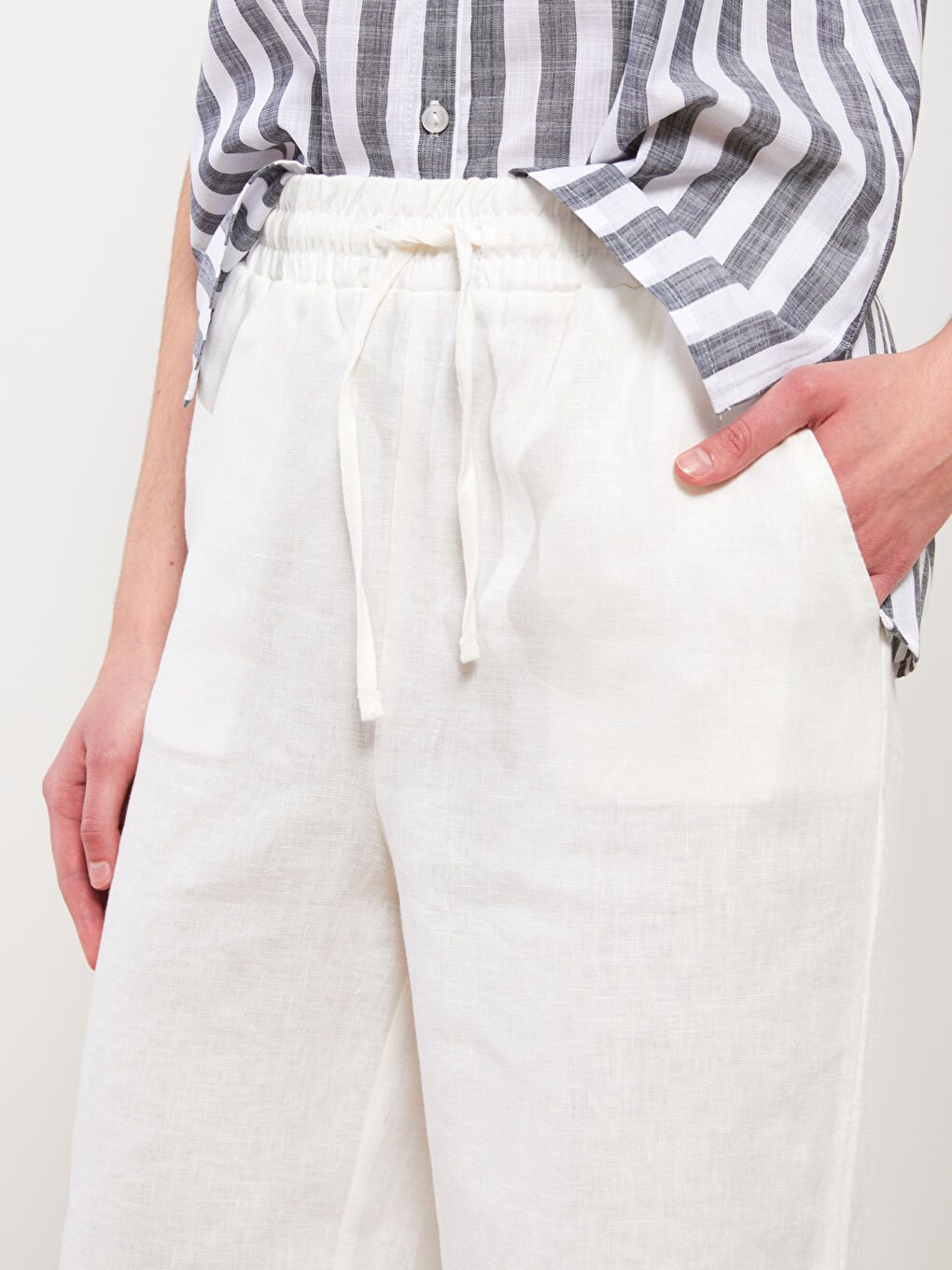 Beyaz Beli Lastikli %100 Keten Kadın Pantolon-2