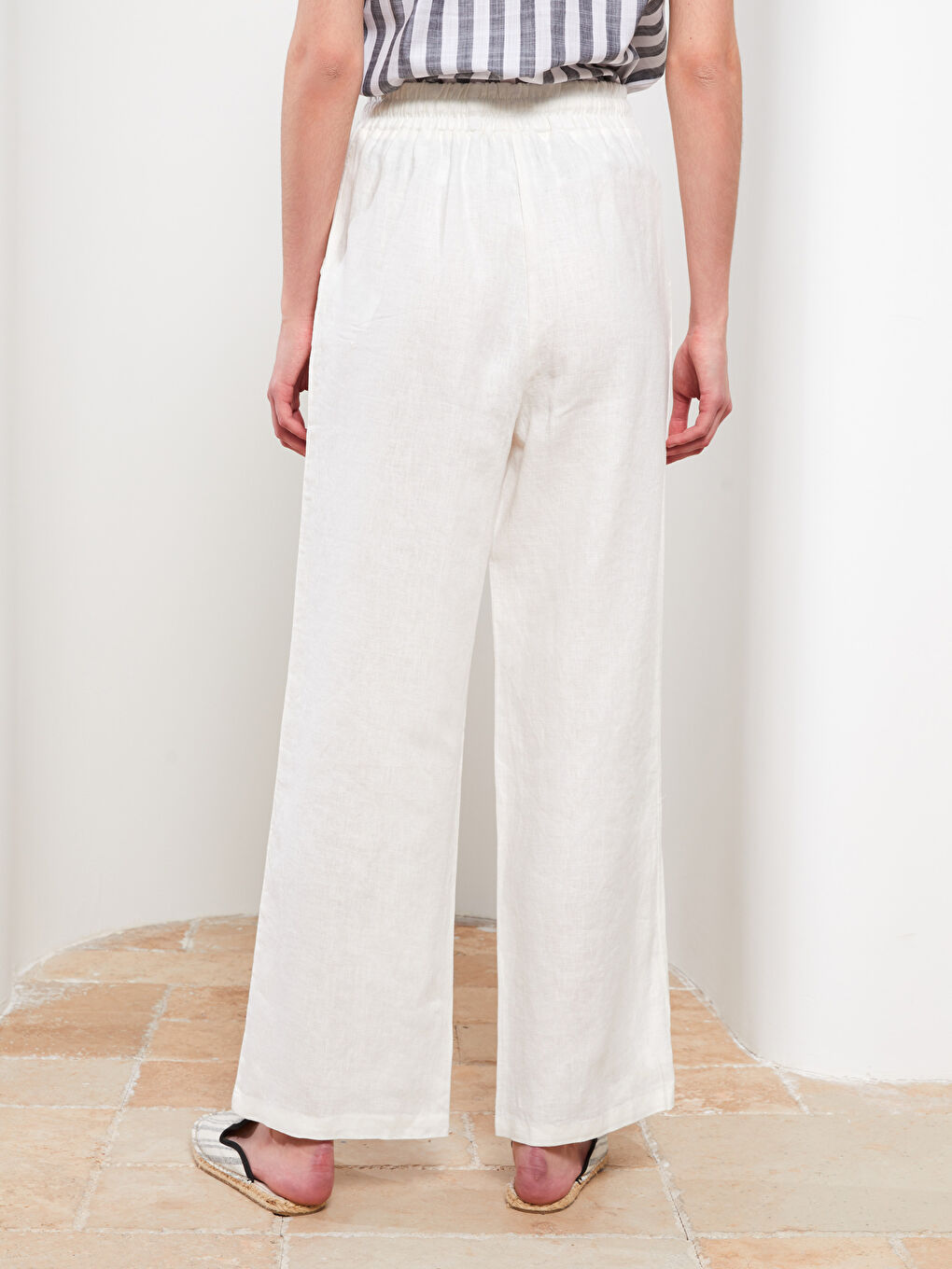 Beyaz Beli Lastikli %100 Keten Kadın Pantolon-4