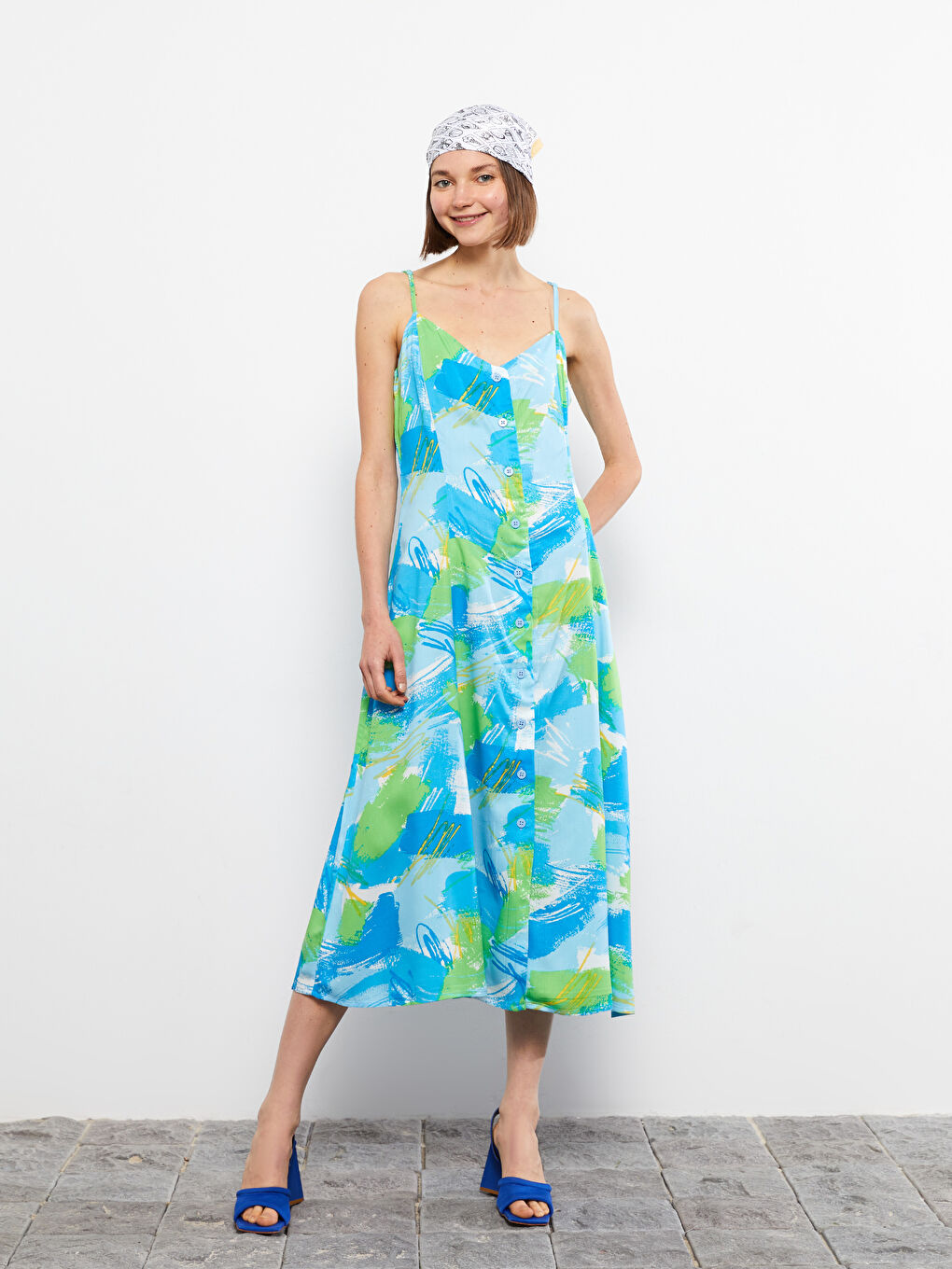 Heart Collar Floral Strap Viscose Women's Dress -S2I010Z8-LQQ