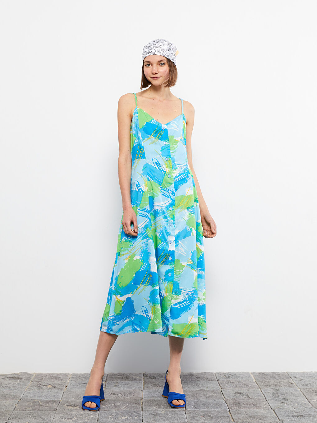 Heart Collar Floral Strap Viscose Women's Dress -S2I010Z8-LQQ