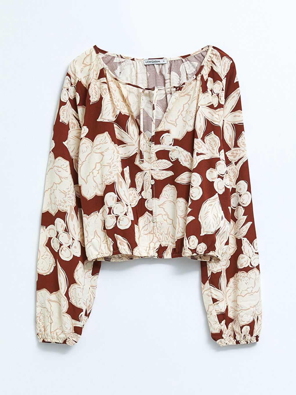 Bej Bağlamalı Yaka Desenli Uzun Kollu Keten Kadın Bluz-5