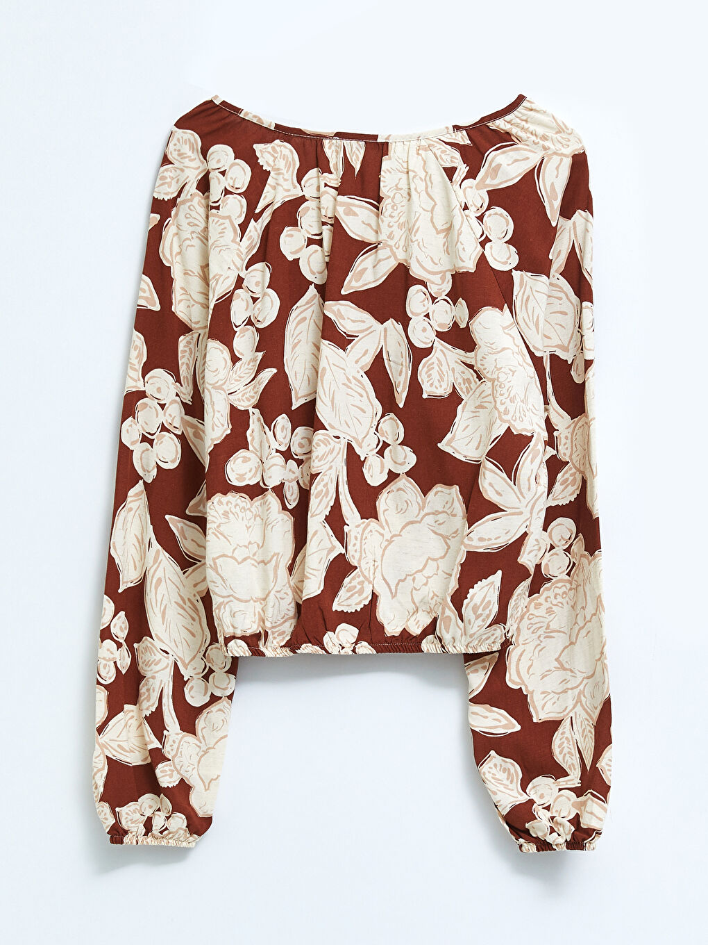 Bej Bağlamalı Yaka Desenli Uzun Kollu Keten Kadın Bluz-6