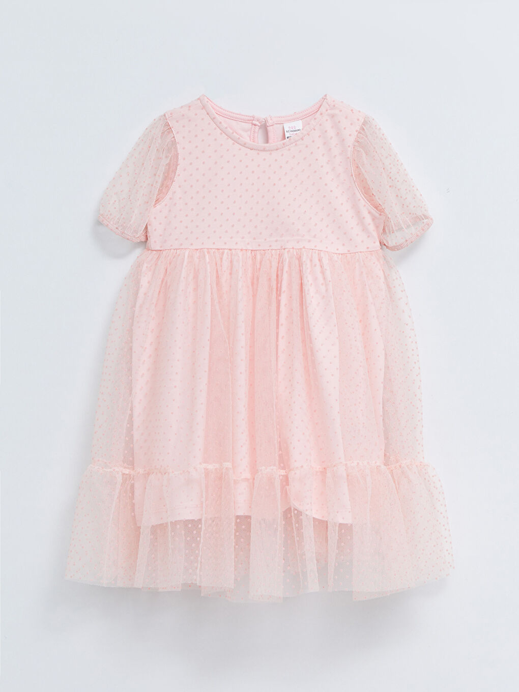 Pembe Bisiklet Yaka Kendinden Desenli Kız Bebek Elbise