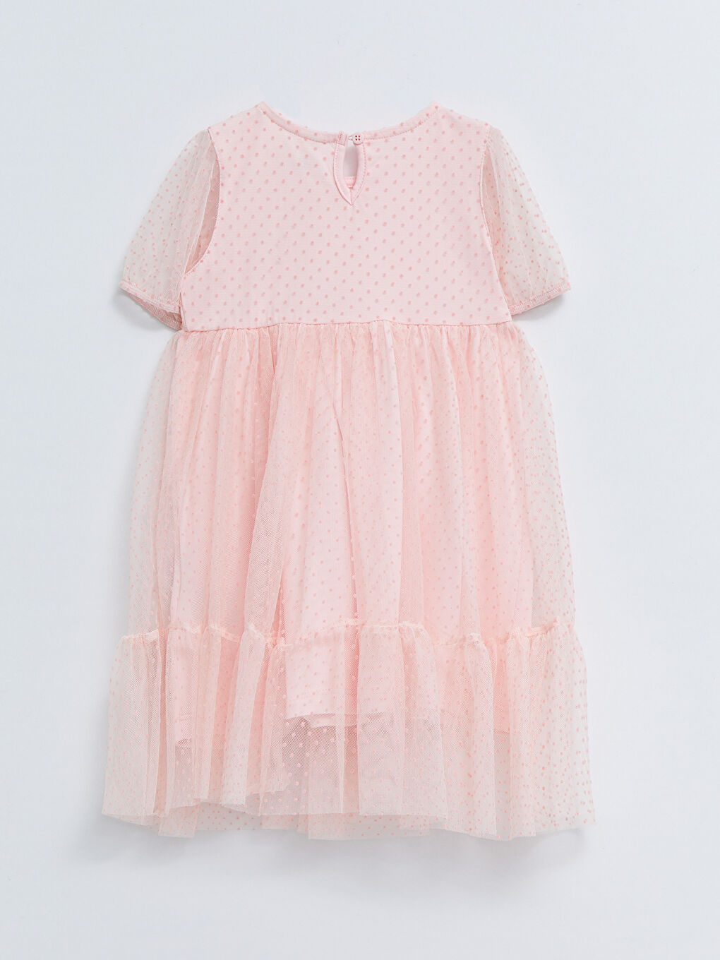 Pembe Bisiklet Yaka Kendinden Desenli Kız Bebek Elbise-1