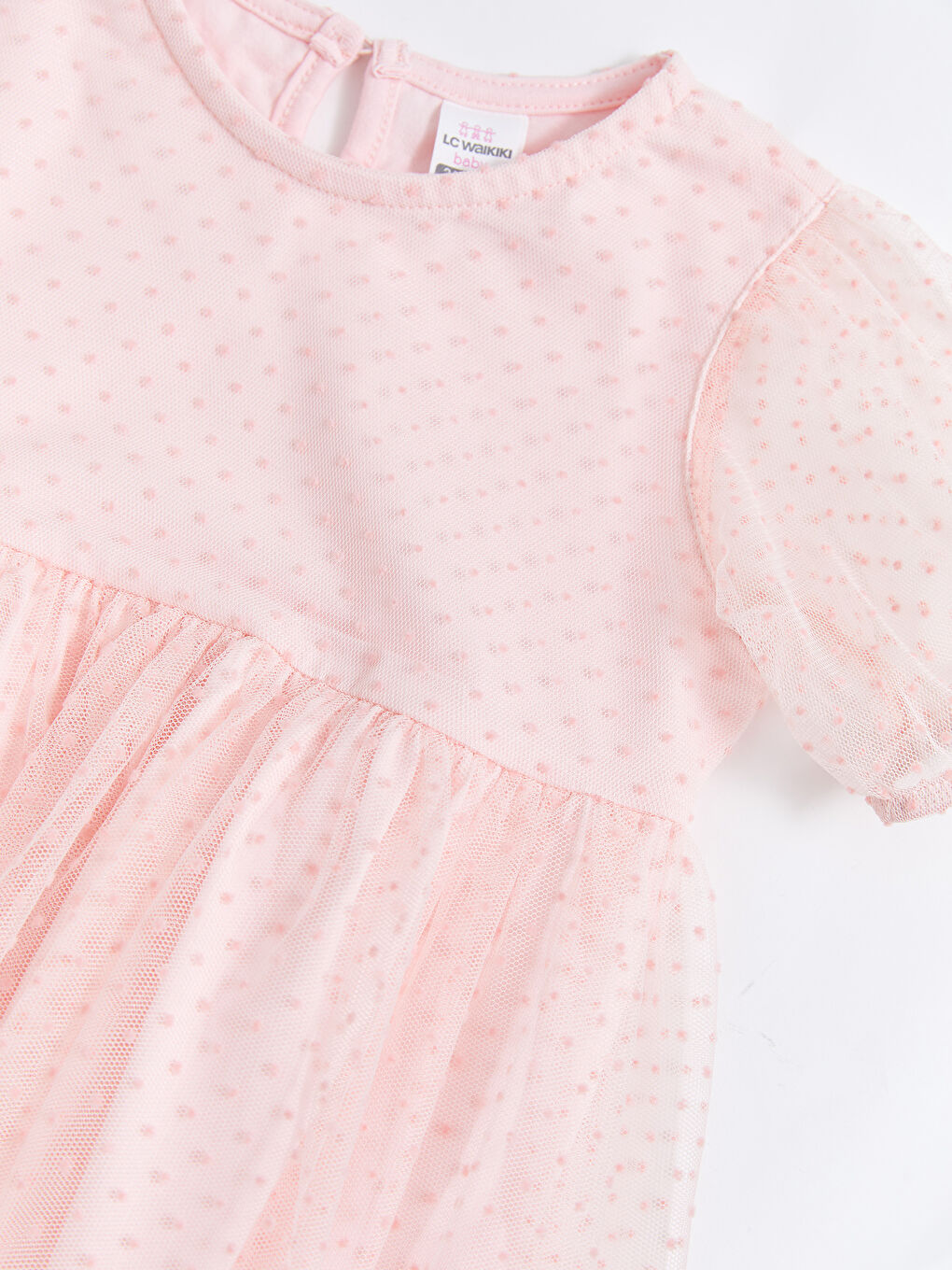Pembe Bisiklet Yaka Kendinden Desenli Kız Bebek Elbise-2