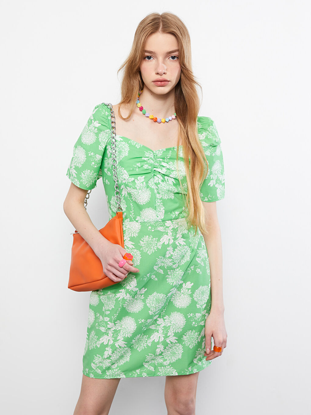Sweetheart Neck Floral Short Sleeve Poplin Women's Dress -S2I060Z8-LRP