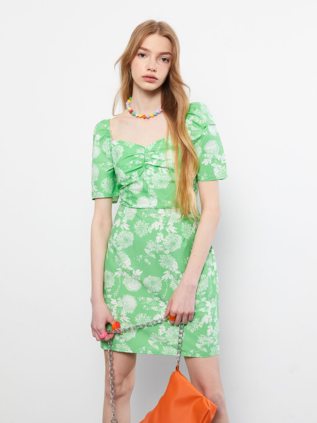 Sweetheart Neck Floral Short Sleeve Poplin Women's Dress -S2I060Z8-LRP
