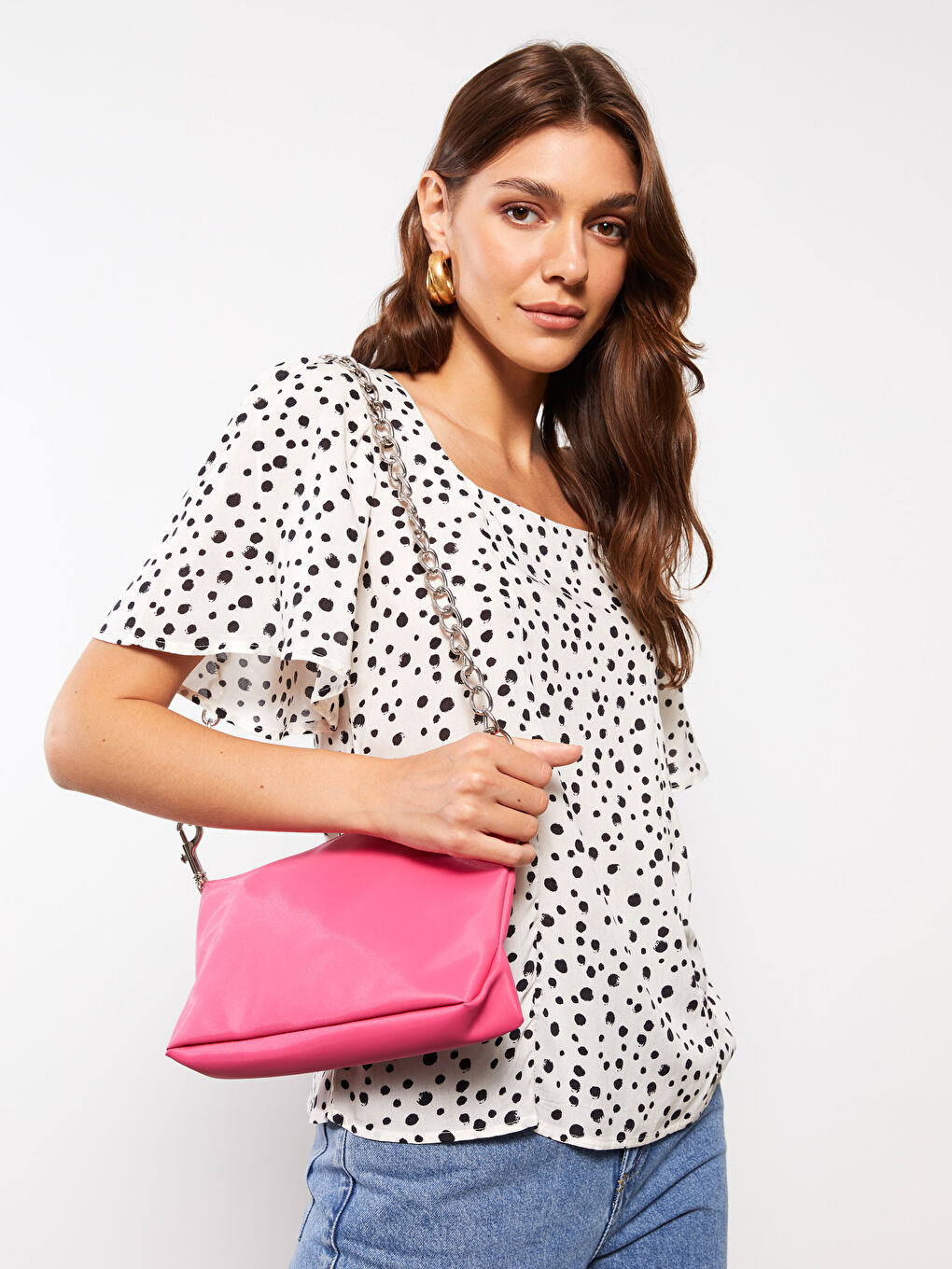 Ekru Kare Yaka Desenli Kısa Kollu Krep Kumaş Kadın Bluz-1