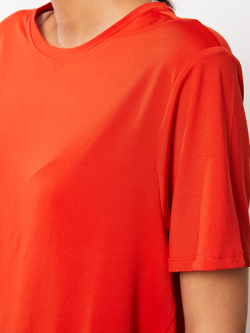 Turuncu Bisiklet Yaka Düz Kısa Kollu Kadın Tişört-3