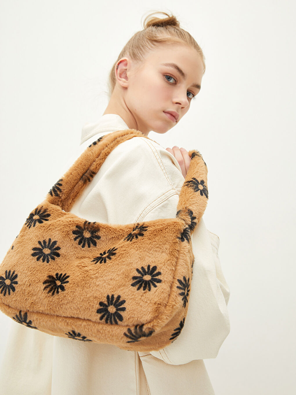 Floral Patterned Women's Fur Baguette Bag