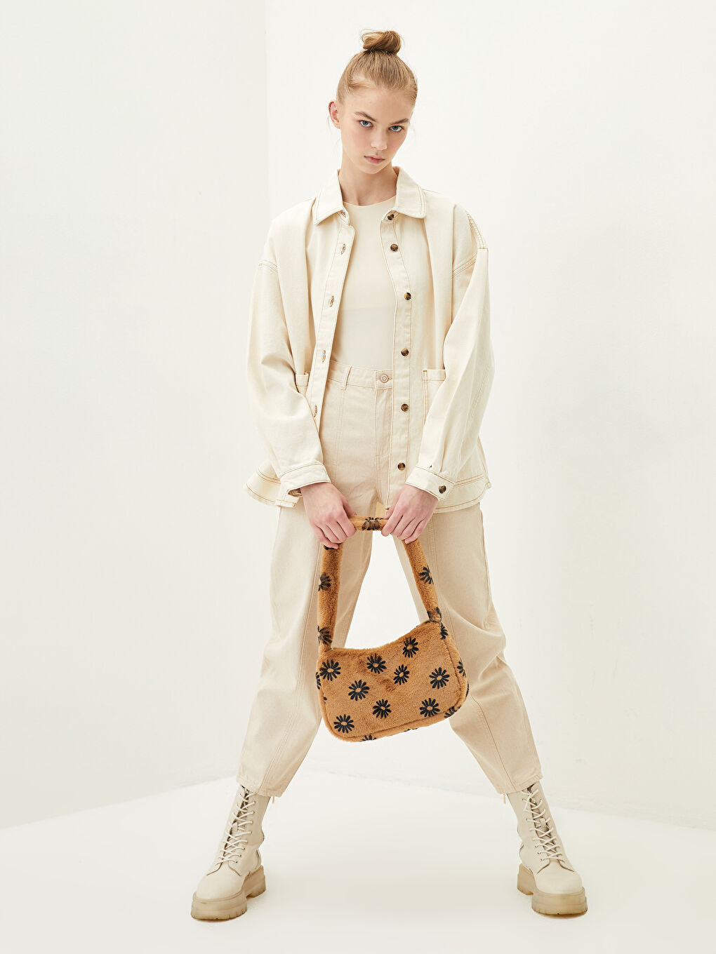 Floral Patterned Women's Fur Baguette Bag-1