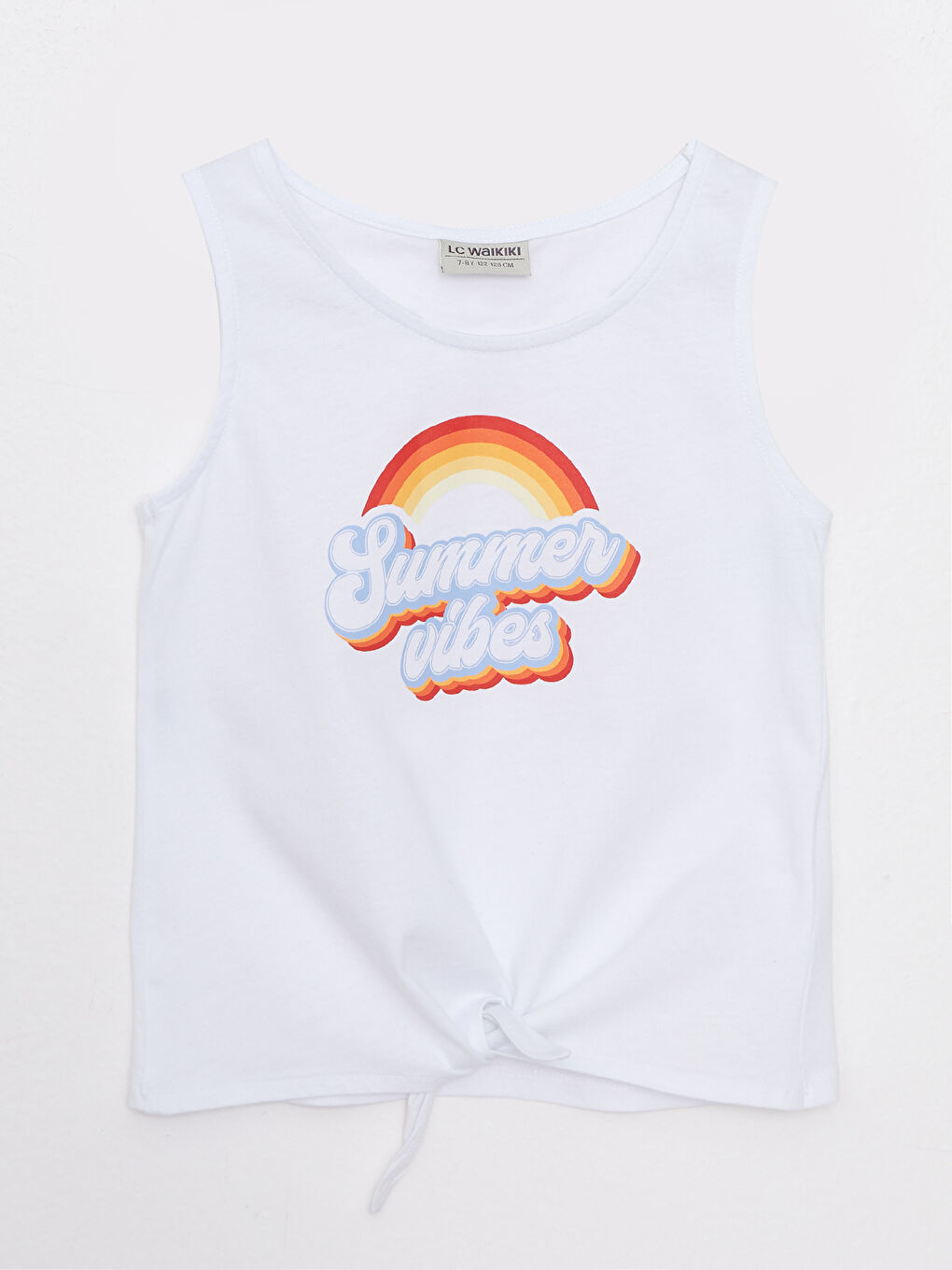 Beyaz Bisiklet Yaka Baskılı Pamuklu Kız Çocuk Atlet