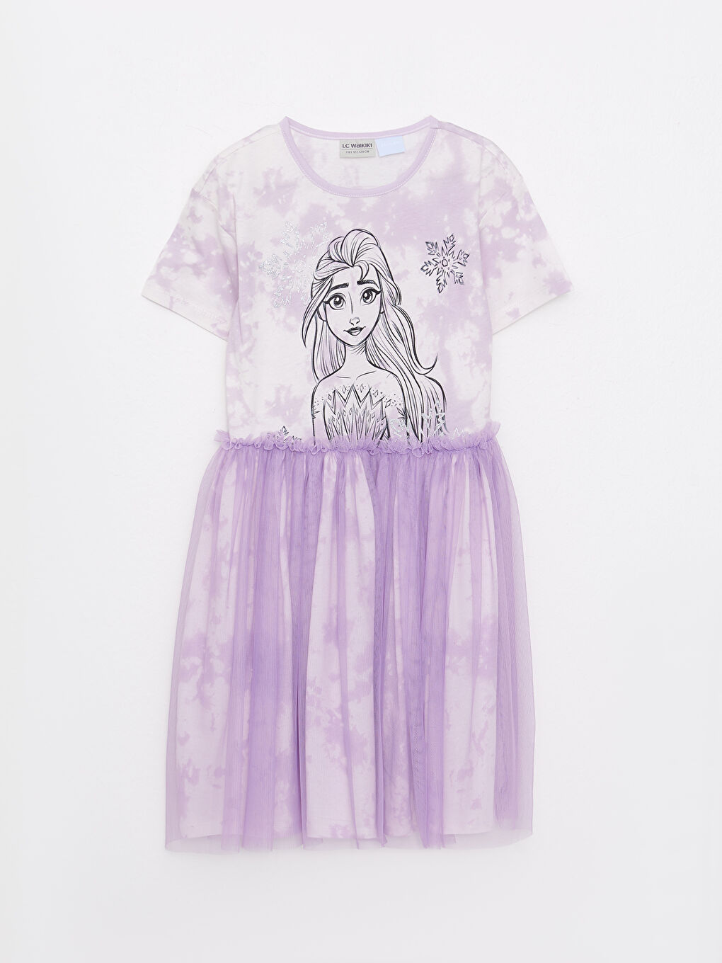 Lila Bisiklet Yaka Elsa Baskılı Kısa Kollu Kız Çocuk Elbise