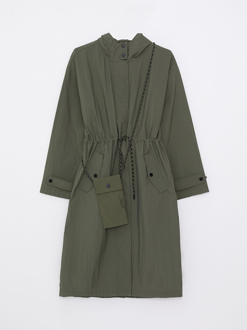 Haki Kapüşonlu Düz Uzun Kollu Kadın Mont ve Çanta-6