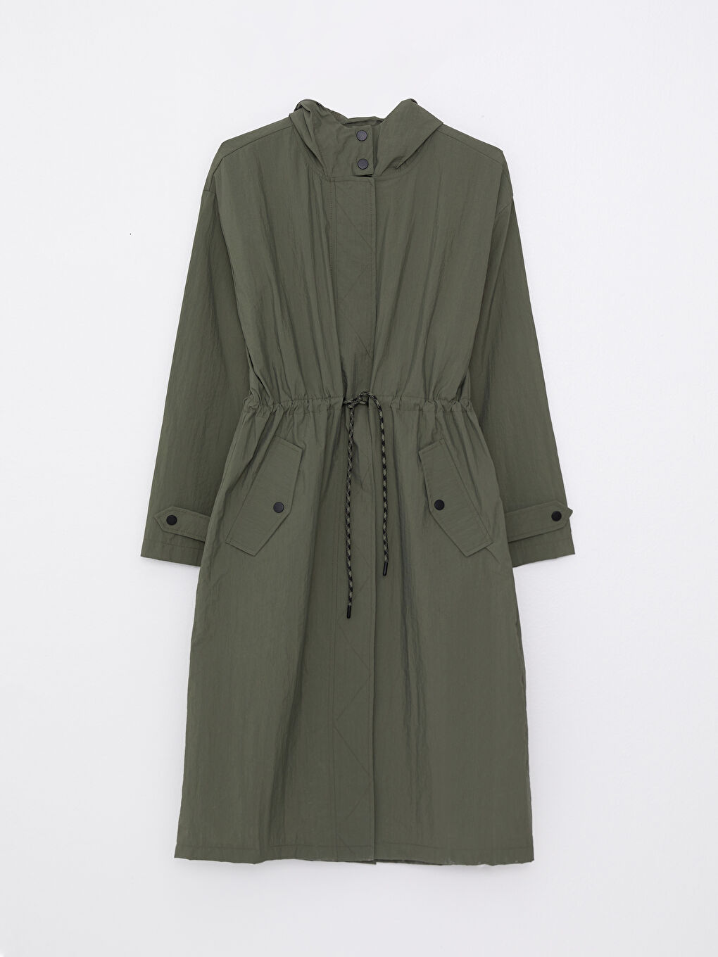 Haki Kapüşonlu Düz Uzun Kollu Kadın Mont ve Çanta-7