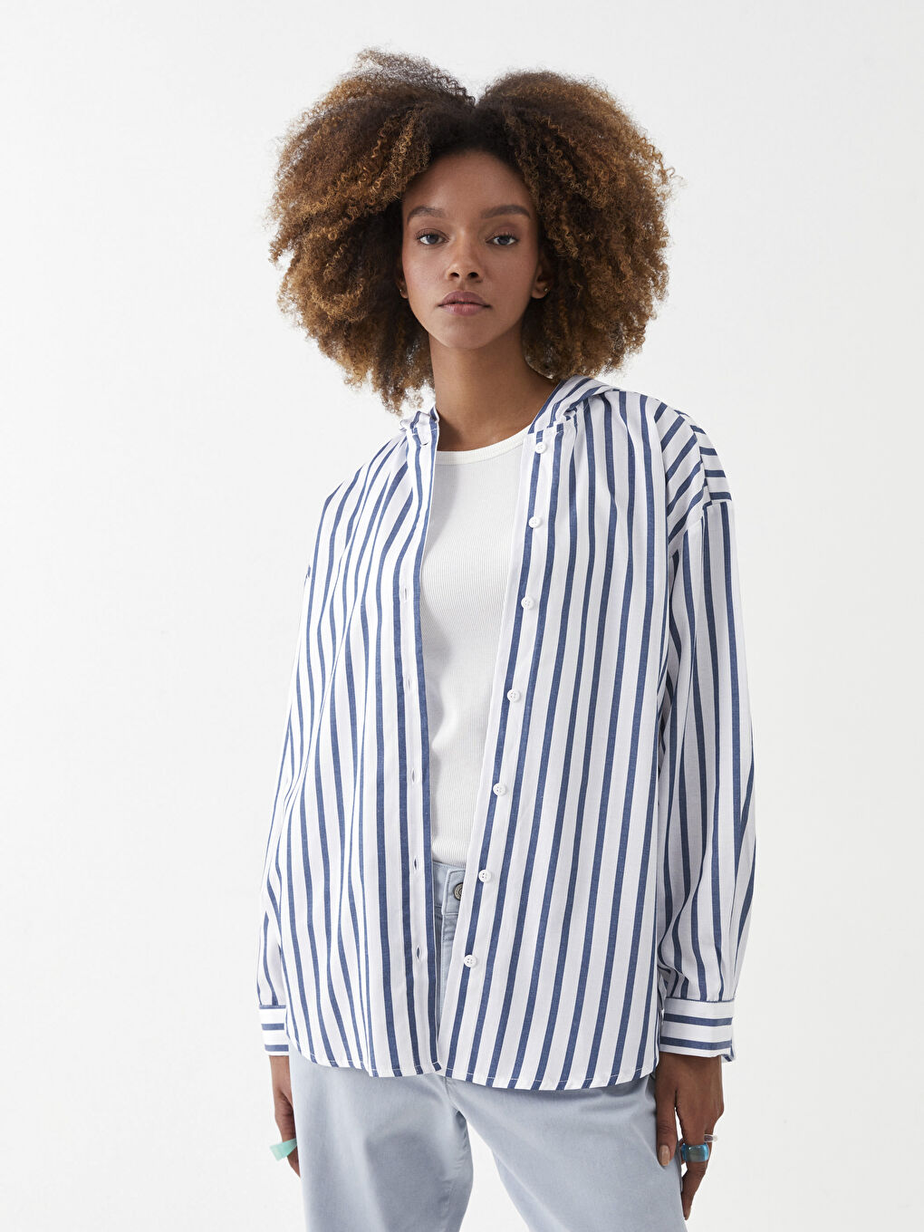 Mavi Kapüşonlu Çizgili Uzun Kollu Oversize Kadın Tunik-1