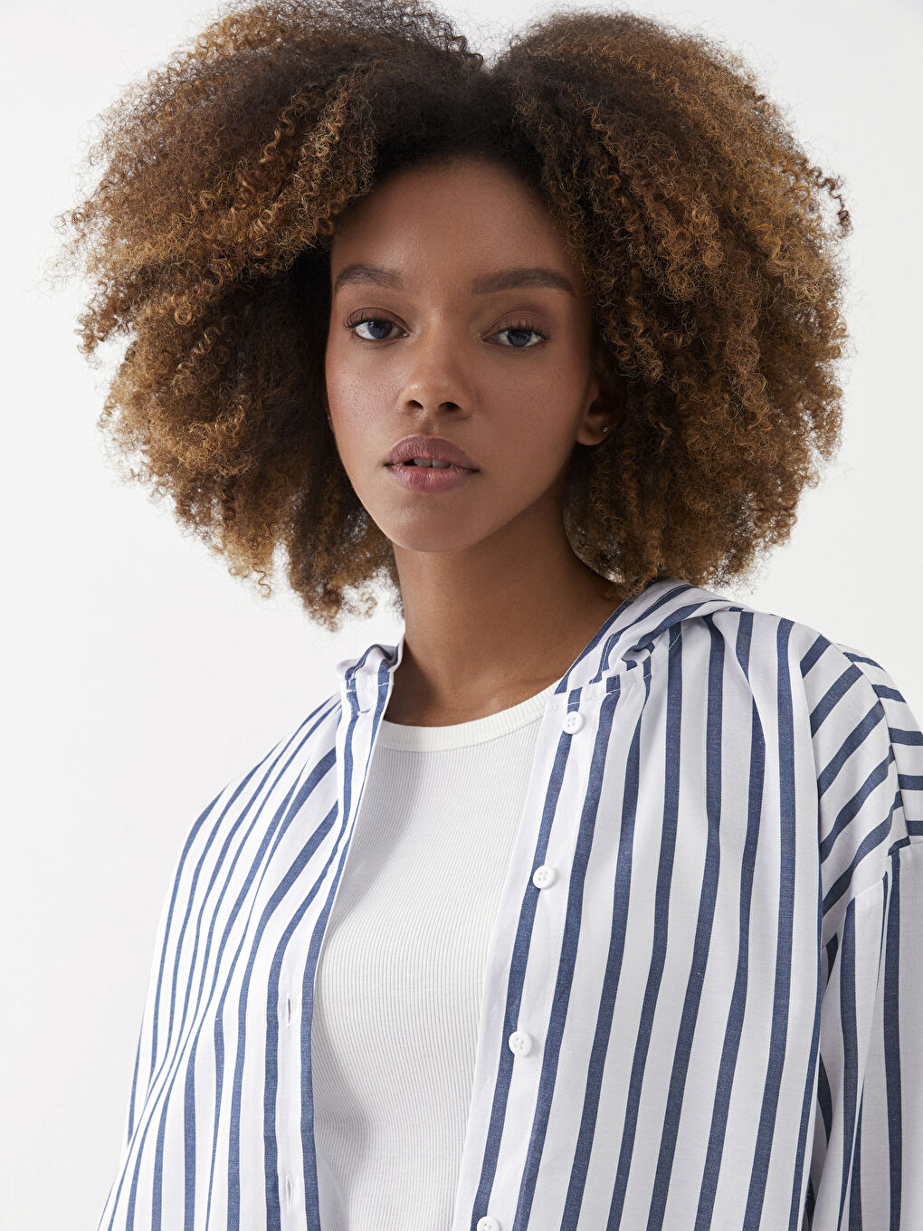 Mavi Kapüşonlu Çizgili Uzun Kollu Oversize Kadın Tunik-2