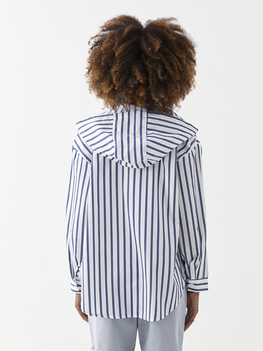 Mavi Kapüşonlu Çizgili Uzun Kollu Oversize Kadın Tunik-3