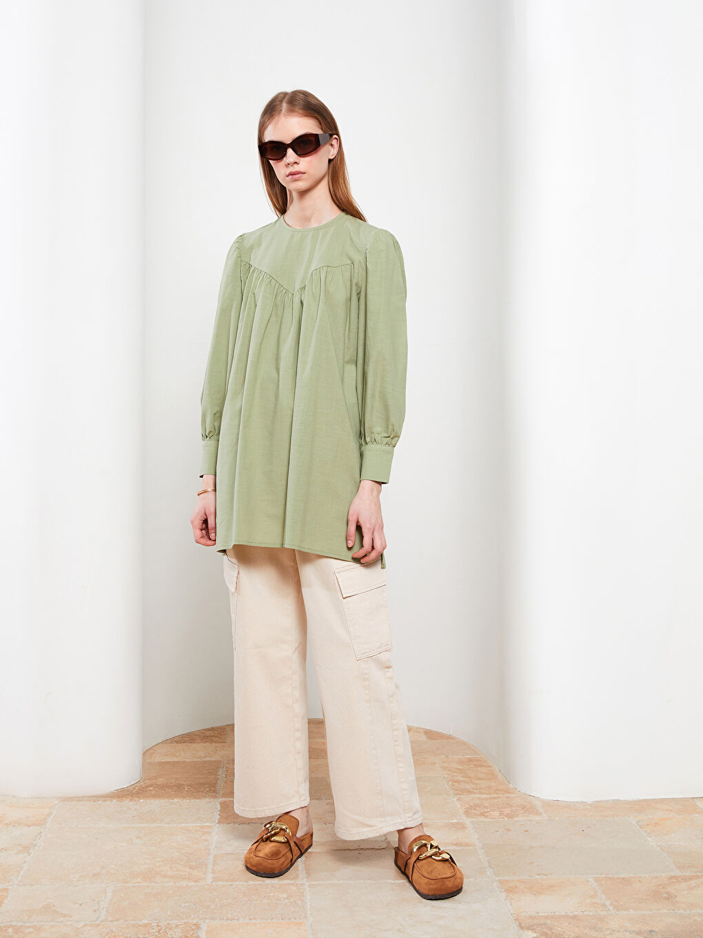 Crew Neck Straight Long Sleeve Oversize Poplin Women's Tunic