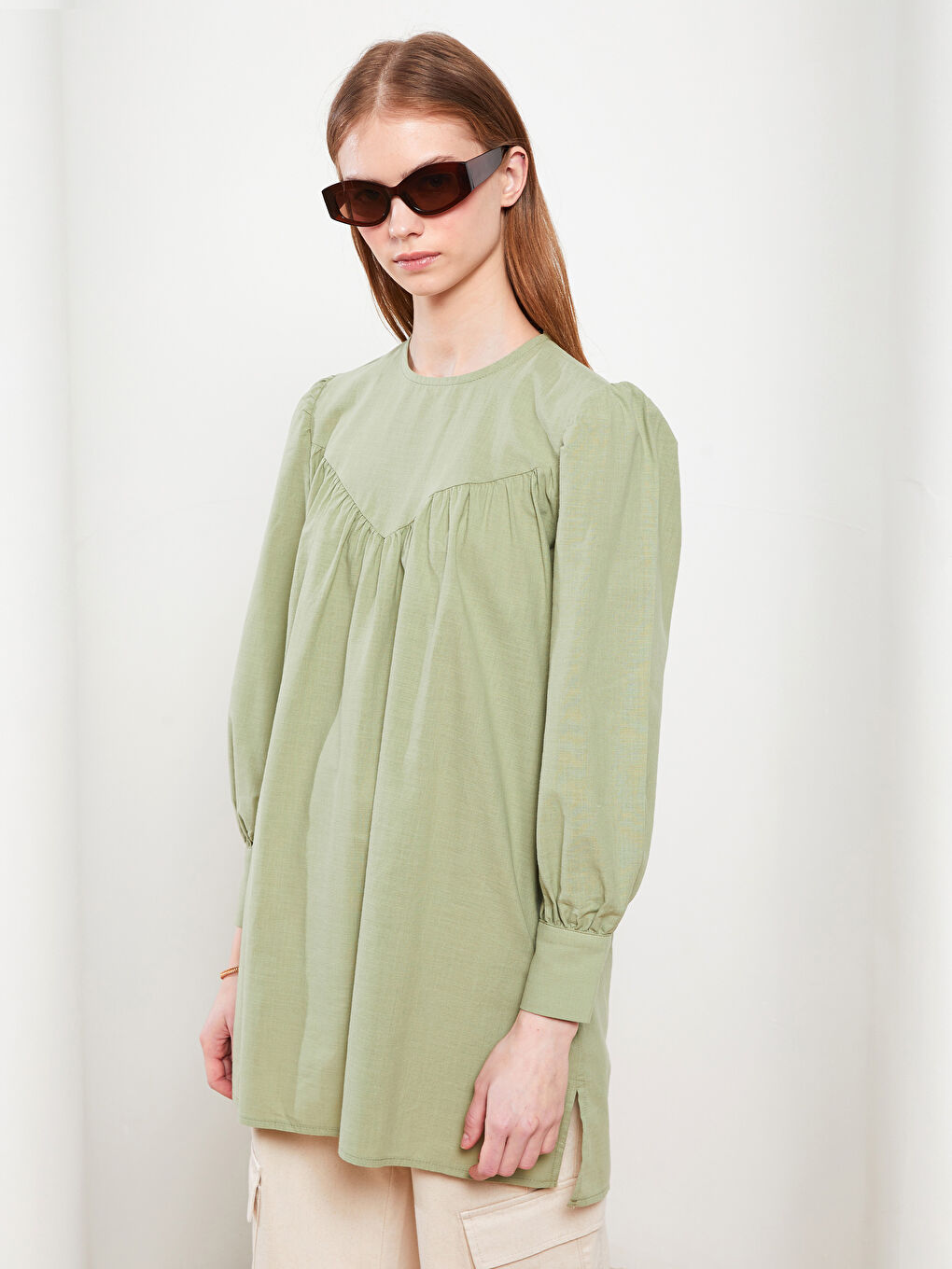 Crew Neck Straight Long Sleeve Oversize Poplin Women's Tunic-1