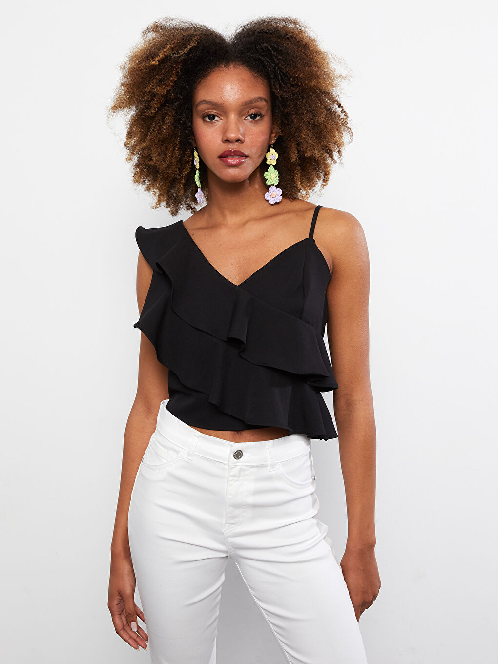 Блузка с V-образным вырезом, однотонная, с ремешками для женщин-1