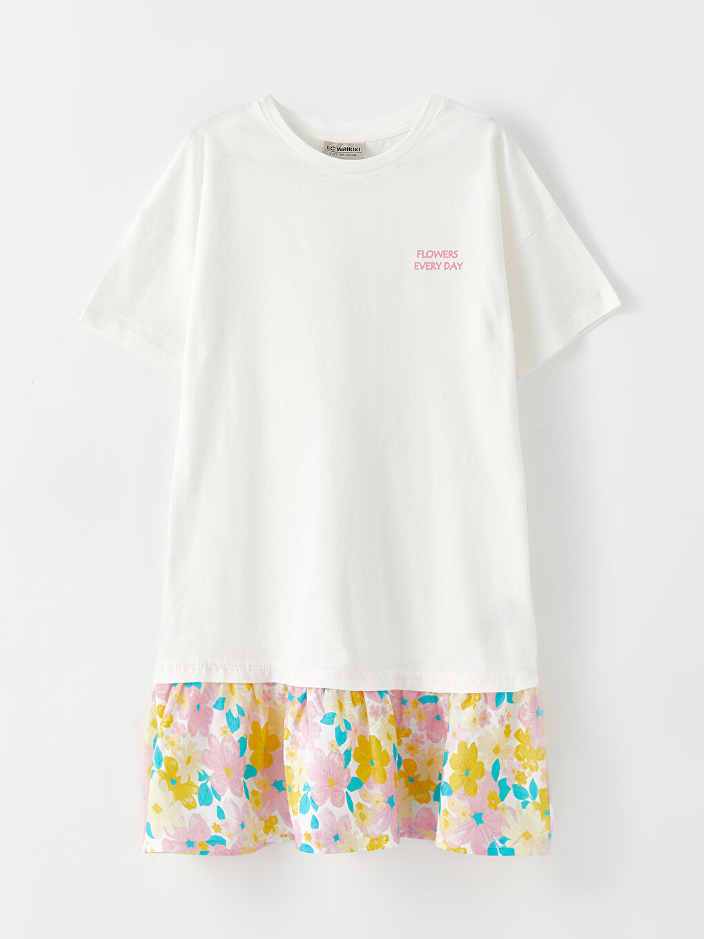 فستان بناتي برقبة دائرية وكم قصير مطبوع من القطن