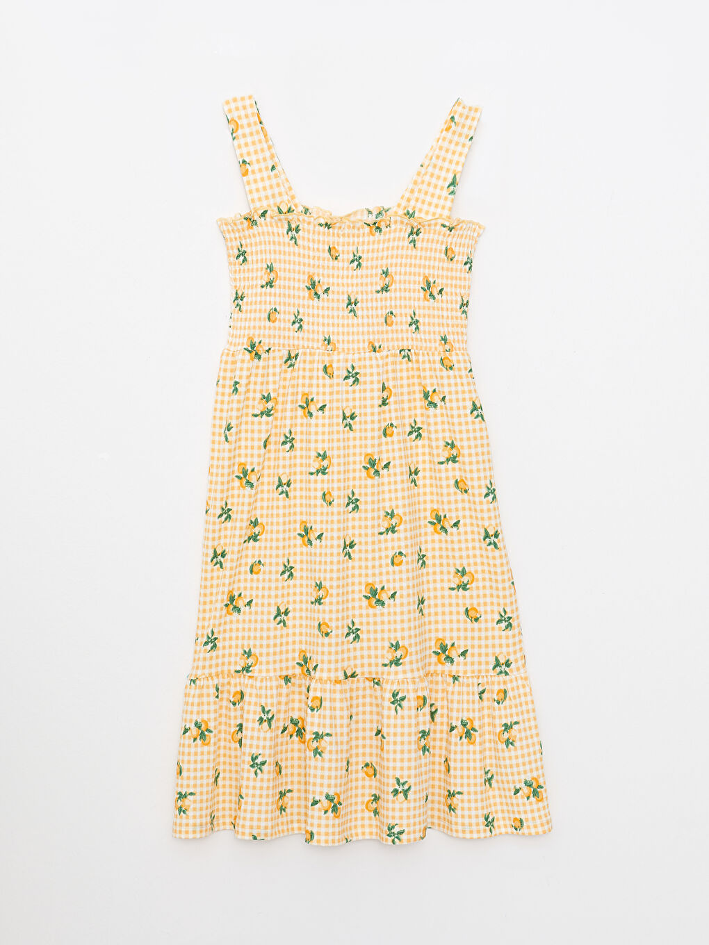 Ekru Kare Yaka Desenli Askılı Kız Çocuk Elbise