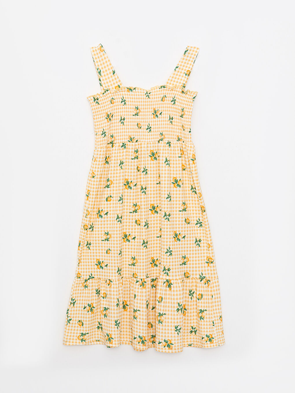 Ekru Kare Yaka Desenli Askılı Kız Çocuk Elbise-1