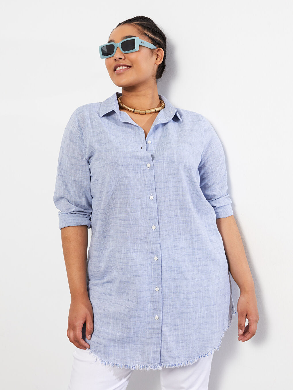 Mavi Büyük Beden Düz Uzun Kollu Kadın Gömlek Tunik