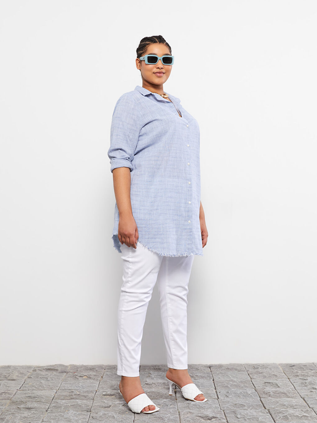 Mavi Büyük Beden Düz Uzun Kollu Kadın Gömlek Tunik-1