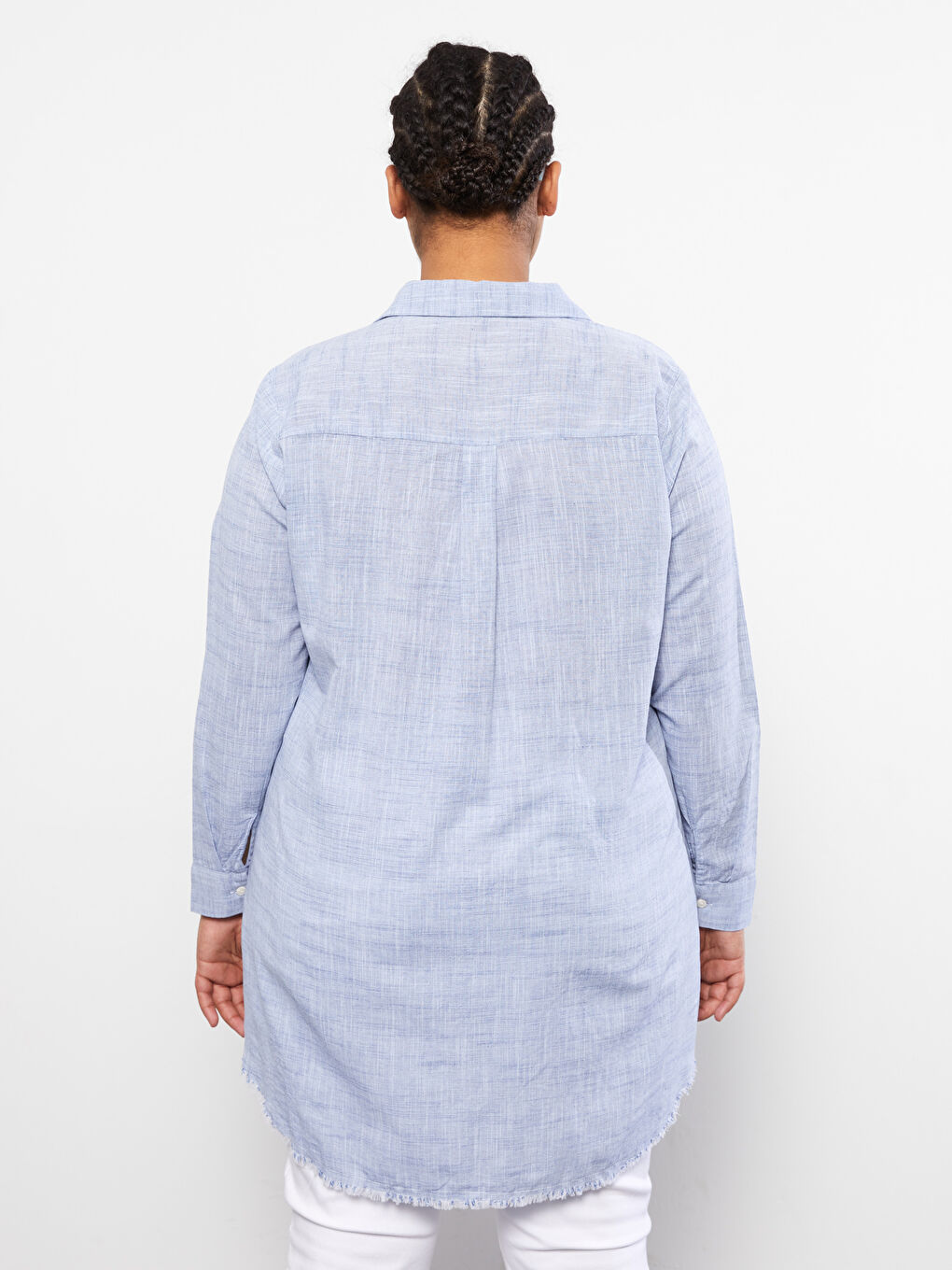 Mavi Büyük Beden Düz Uzun Kollu Kadın Gömlek Tunik-4