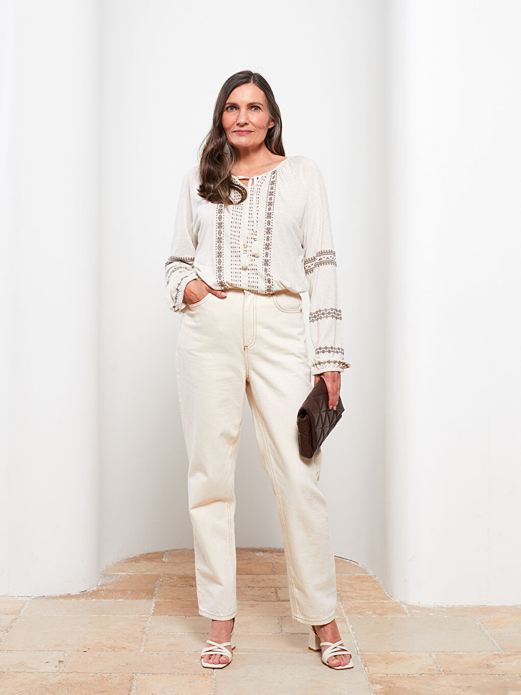 Lapel Collar Embroidered Long Sleeve Women's T-Shirt