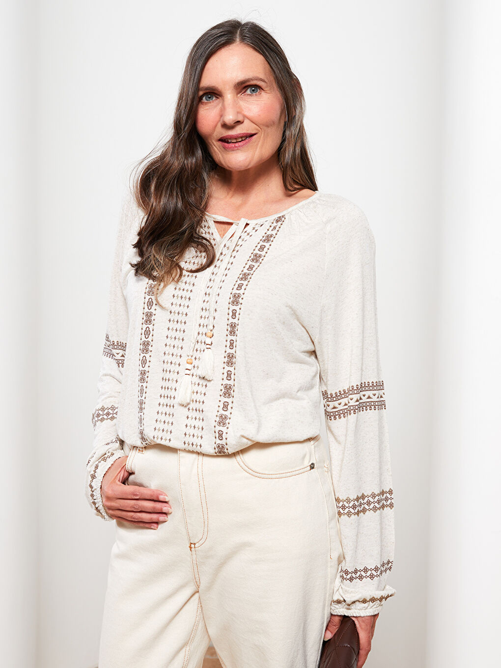 Lapel Collar Embroidered Long Sleeve Women's T-Shirt-1