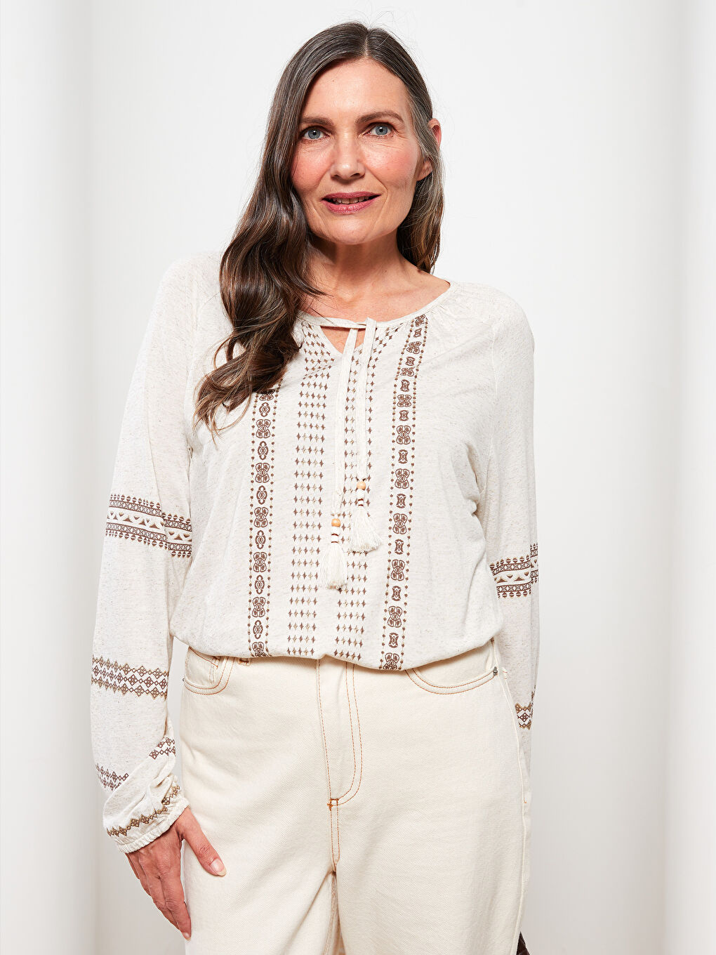 Lapel Collar Embroidered Long Sleeve Women's T-Shirt-3