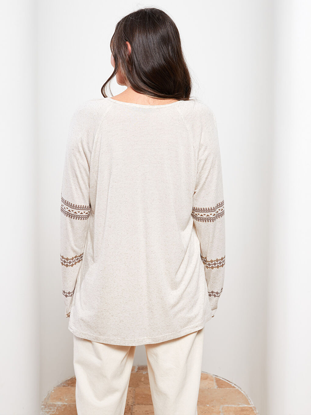 Lapel Collar Embroidered Long Sleeve Women's T-Shirt-4