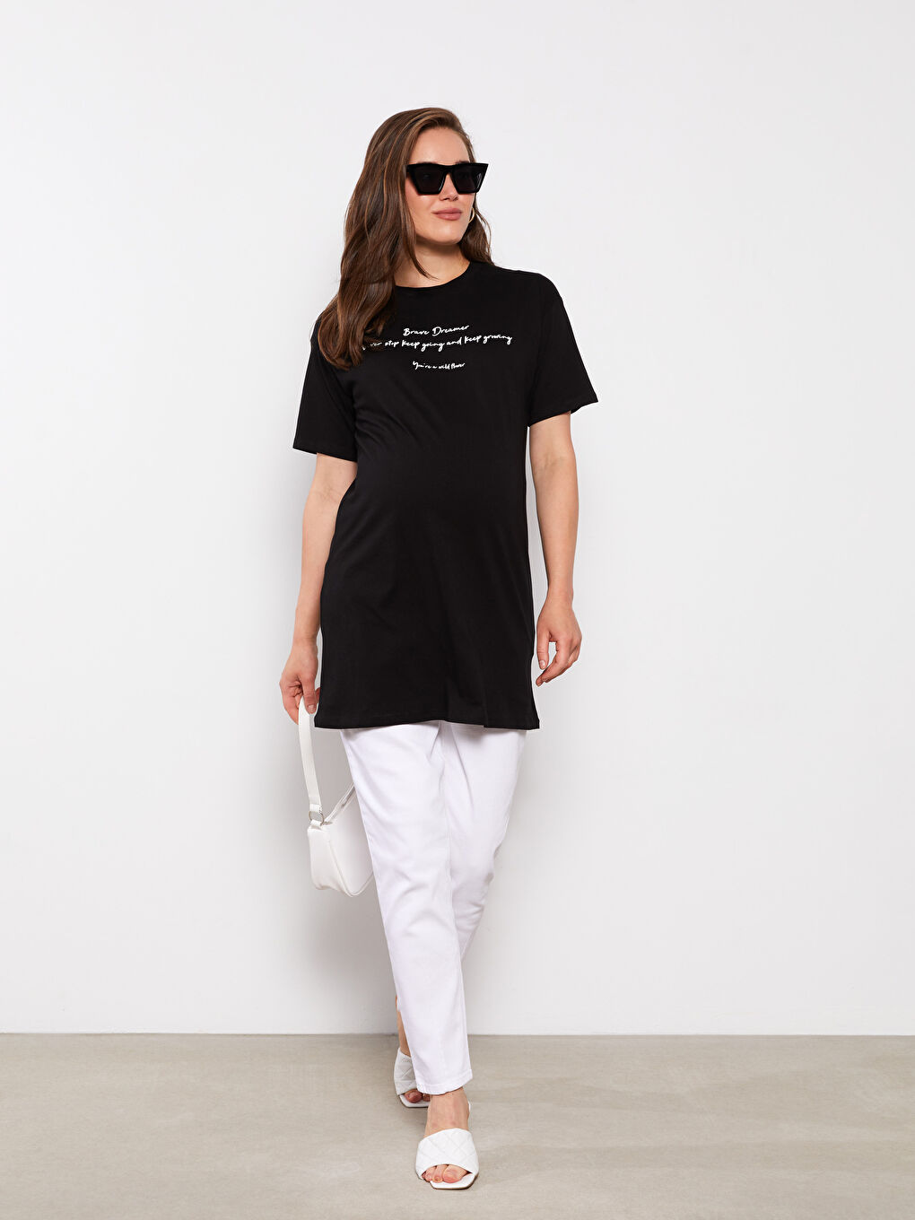 Crew Neck Letter Printed Short Sleeve Cotton Maternity Tunic