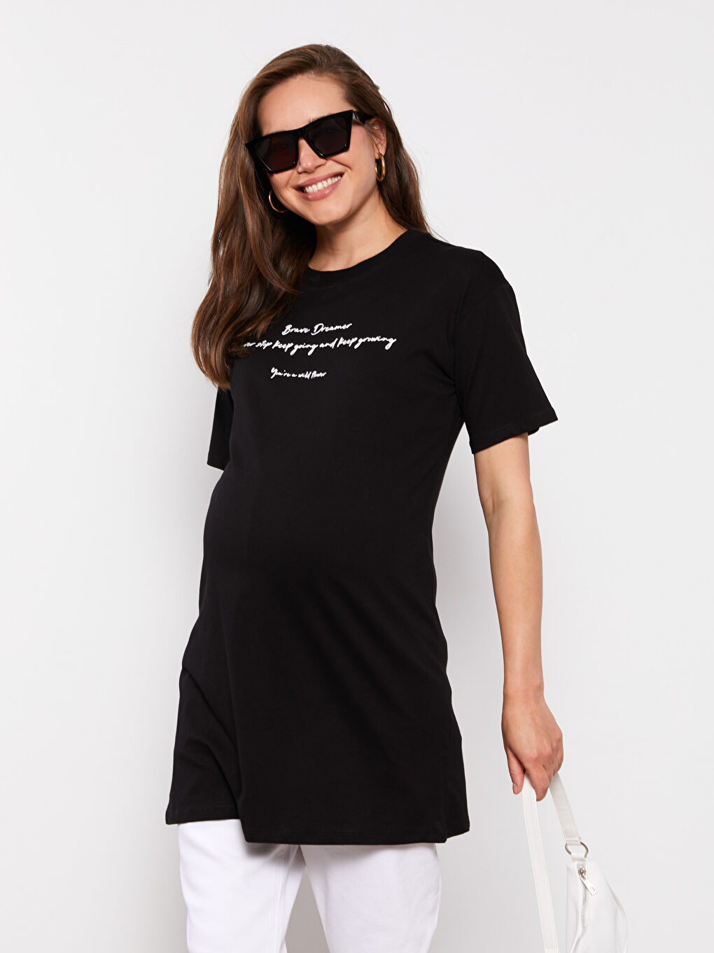 Crew Neck Letter Printed Short Sleeve Cotton Maternity Tunic-1