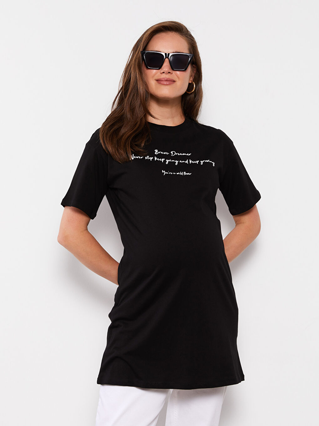 Crew Neck Letter Printed Short Sleeve Cotton Maternity Tunic-2