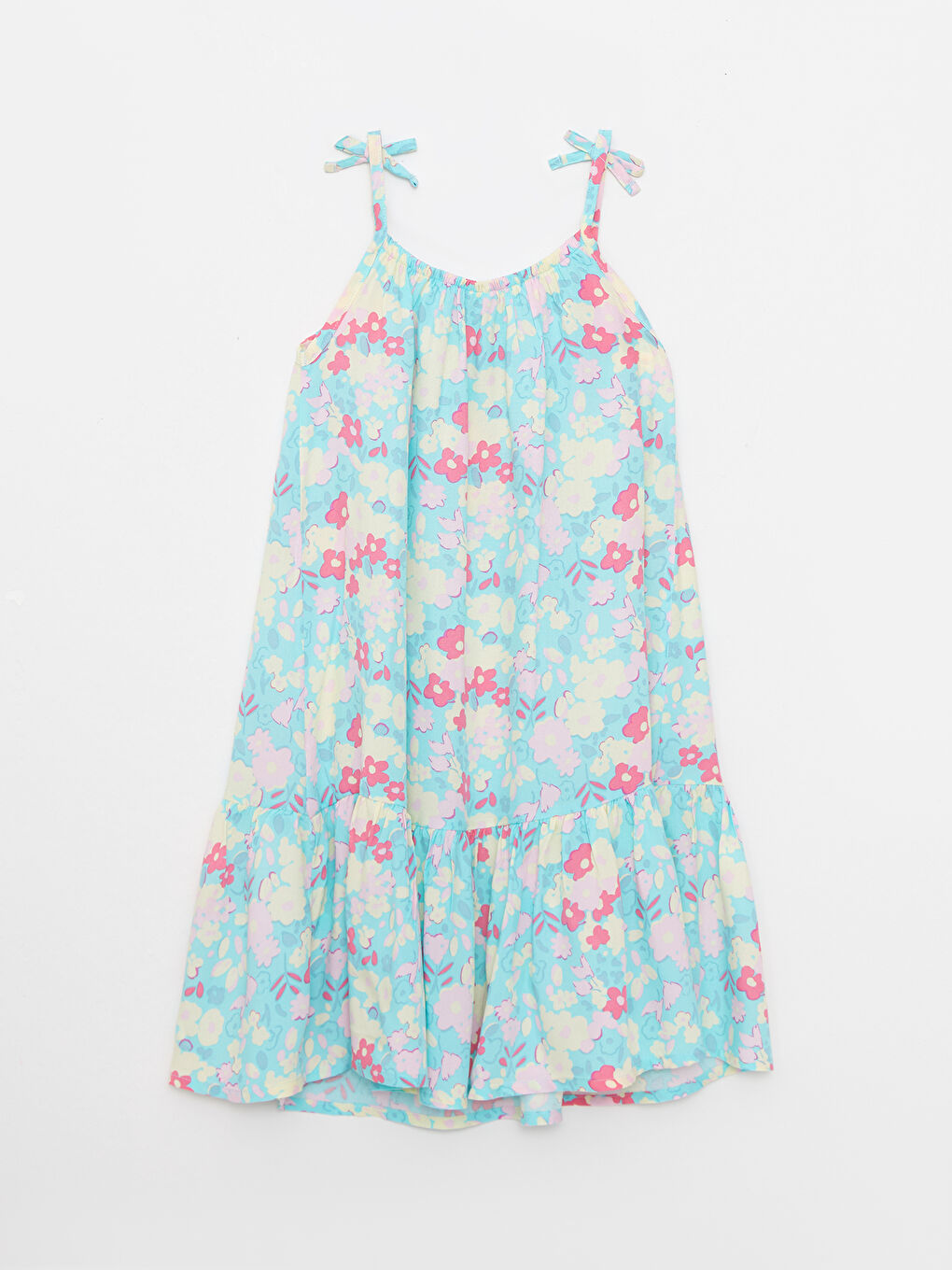 Turkuaz Kare Yaka Desenli Askılı Kız Çocuk Elbise-2