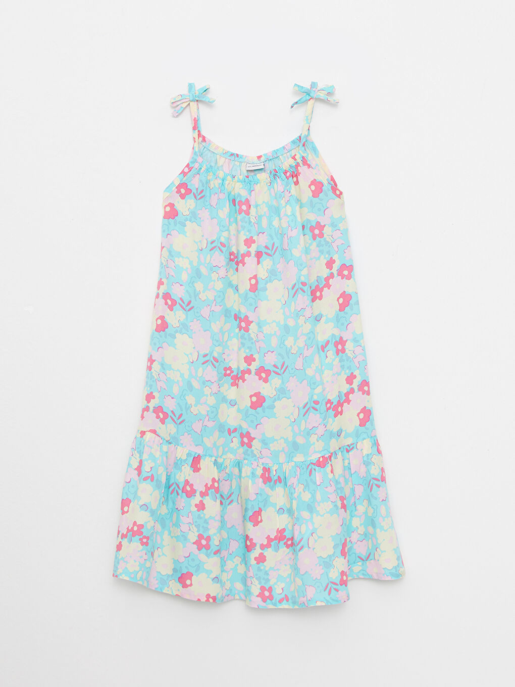 Turkuaz Kare Yaka Desenli Askılı Kız Çocuk Elbise-3